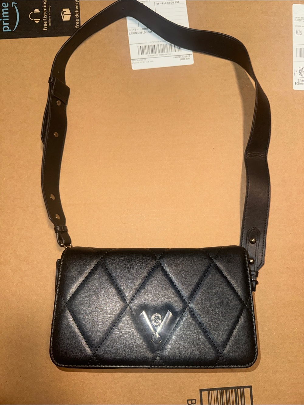 Valentino Orlandi Black Quilted Leather Crossbody with V Accent